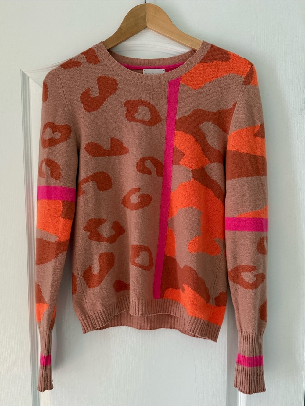 Brodie 100% Cashmere: Womenβs Animal-Print Crewneck Sweater in Pink and Orange